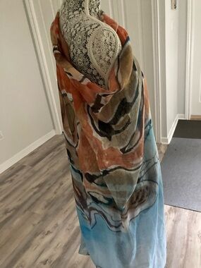 Abstract Beach wrap, Cover up or Scarf  with hanger included. Blue Rusty Orange